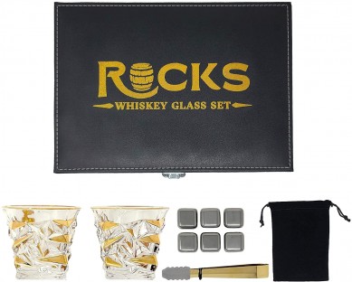 Premium Crystal Whiskey Glass Set Stainless Steel Chilling Stones Quality Gold Serving Tongs