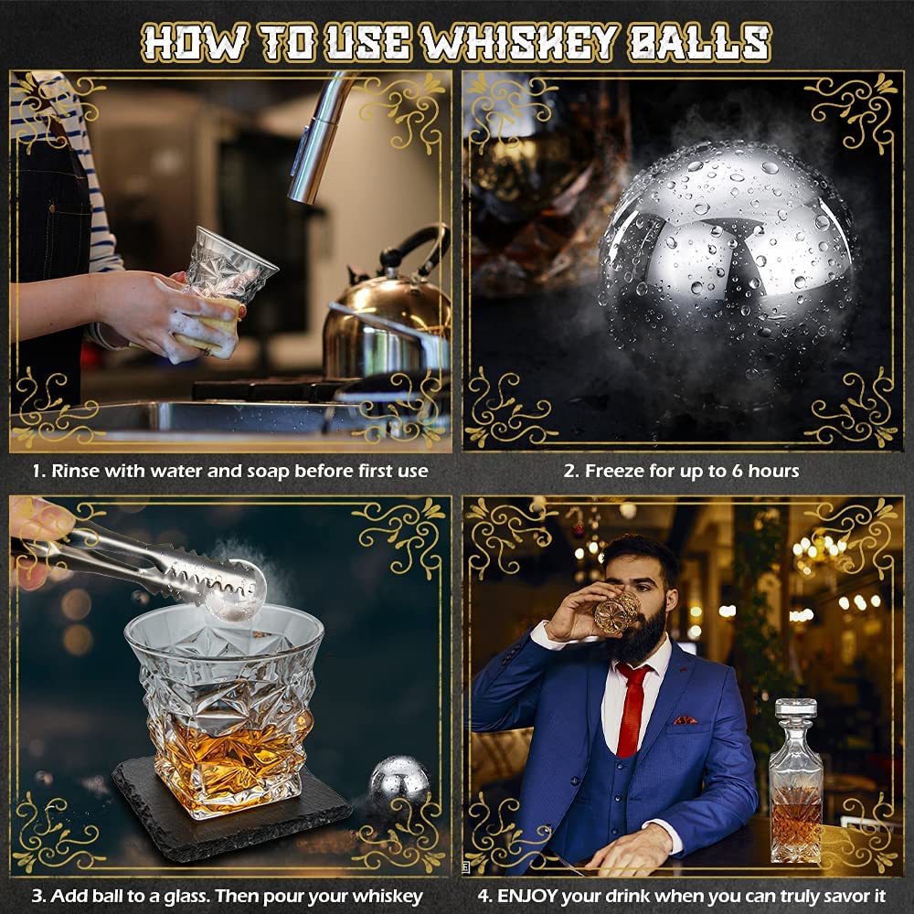 Whiskey Ball Whiskey Glass, Slate Coaster ice Ball Maker Mold Wood Box 