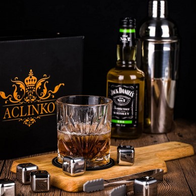 Lowball nga Salamin para sa Scotch Bourbon Whisky Rocks Stainless Steel Chilling Stones Regalo para sa Lalaki