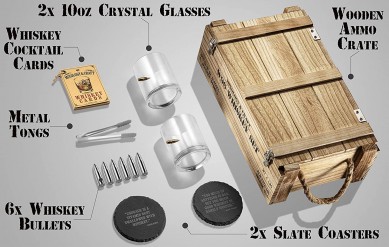 Amazion hot selling  stainless steel bullet shape whisky stone gift set including bullet wine glass stone coaster  in Army wooden box