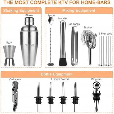 Cocktail Shaker Set 750ml Stainless Steel Bar Tools Set with Bamboo Stand Premium Bar tendering Tool for Home