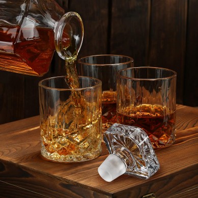 Whiskey Decanter and wine Glass Set  4 Extra Large Scotch Old Fashion Glasses Stone Coasters with wooden box