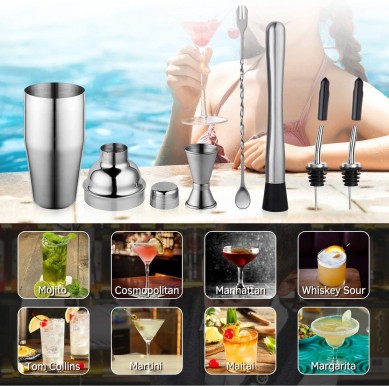 24 oz Cocktail Shaker Set Bartender Kit Stainless Steel Martini Shaker Mixing Spoon Muddler Measuring Jigger