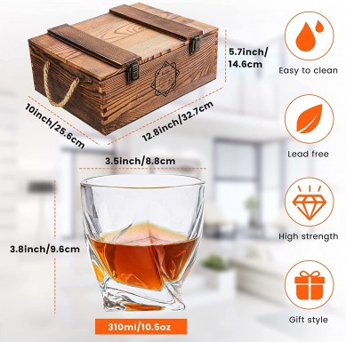 2 Whiskey Glasses, 8 Whiskey Stones and 2 Slate Coasters in Wooden Box Whiskey Gift Sets for Men,