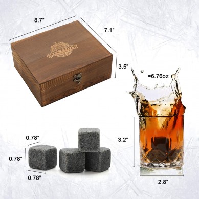 Whisky glass Scotch Glasses 8 Granite Chilling Rocks in Wooden Gift Box Burbon Present for Whisky Lovers