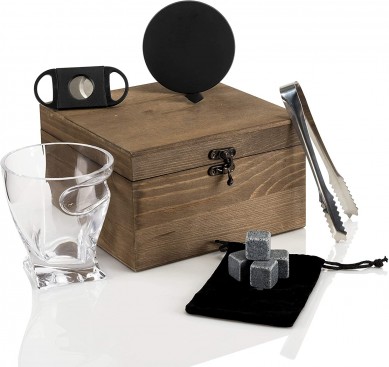 Whiskey Cigar Glasses with Side Mounted Cigar Holder Whisky Chilling Stones bar accessories Wooden Box