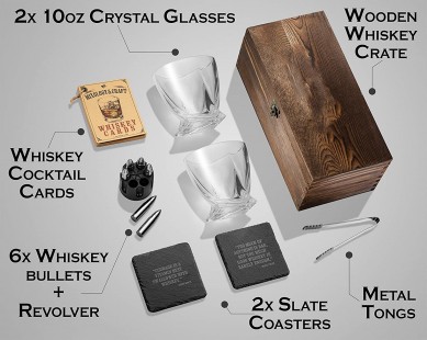 Whiskey Stones Gift wine Glasses 6 Stainless Steel Chilling Bullets 2 Coasters Bourbon Gifts for men