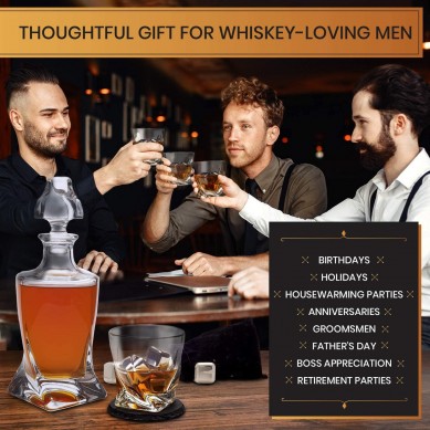 Whiskey Decanter Twisted Whiskey Glasses Stainless Steel Whisky Cubes  Coasters Silicone Tongs in Pinewood Box