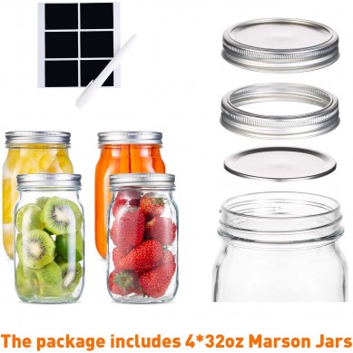 Wide Mouth Mason Jars 32 Oz  Large Canning Jars with Lids  Blank Labels Leak-Proof Airtight Lids for Food Storage