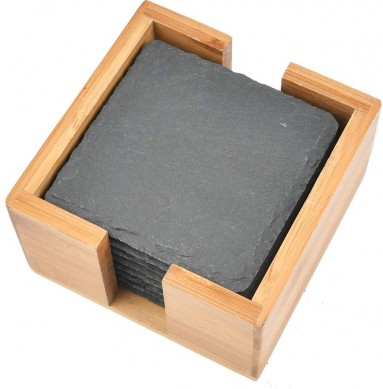 Natural Slate Coasters Square Table Mats Black Placemats Natural Stone Drinks Coasters with Wood Holder for Drinks