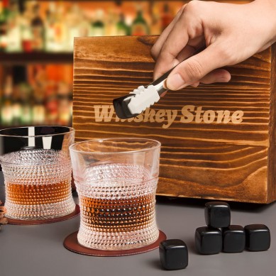 Whiskey Stones Whiskey Glass Gift Boxed Sets Basalt Chilling Whisky Rocks with 2 Glasses Whiskey Lovers Gifts for Men