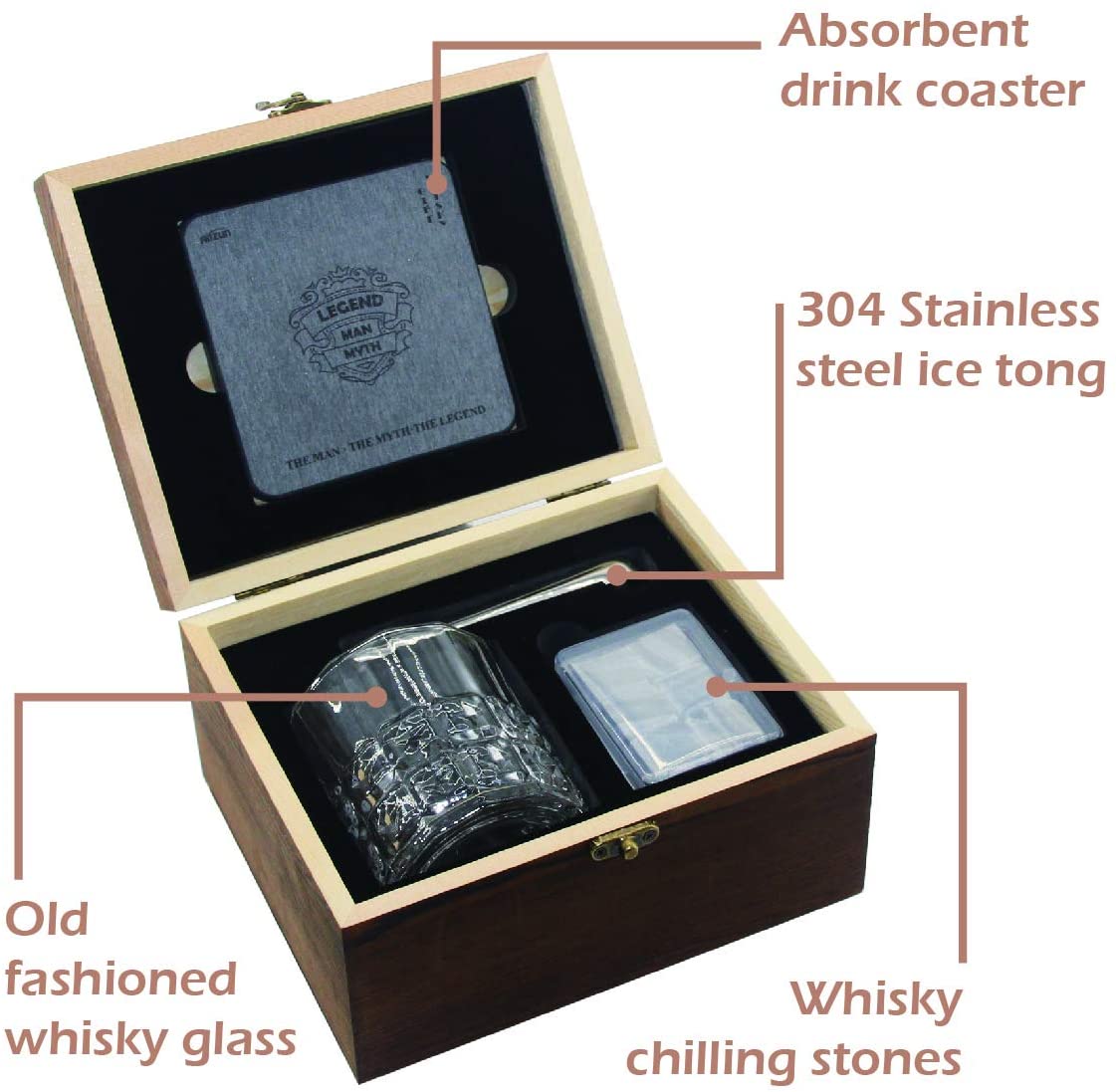 Pack of 6 Whisky Stones with Old Fashion Whisky Glass Drink Coaster Stainless Steel Tong in wooden box Featured Image