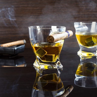 Whiskey Cigar Glasses with Side Mounted Cigar Holder Whisky Chilling Stones bar accessories Wooden Box