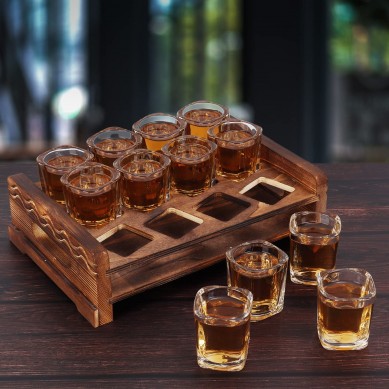12 Shot Glass Party Server with rustic Wood Tray for Whiskey Vodka Spirit Liquor