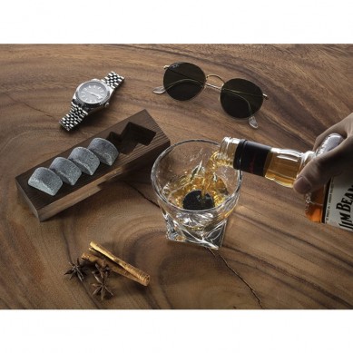 Round shape Whiskey Stone Gift Set  Handcrafted Premium Granite Round Sipping Rocks in wooden Storage Tray Unique Gift