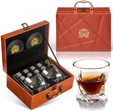 Whisky Stone Whiskey Glass Gift Leather Box Set with Coasters best gift for men