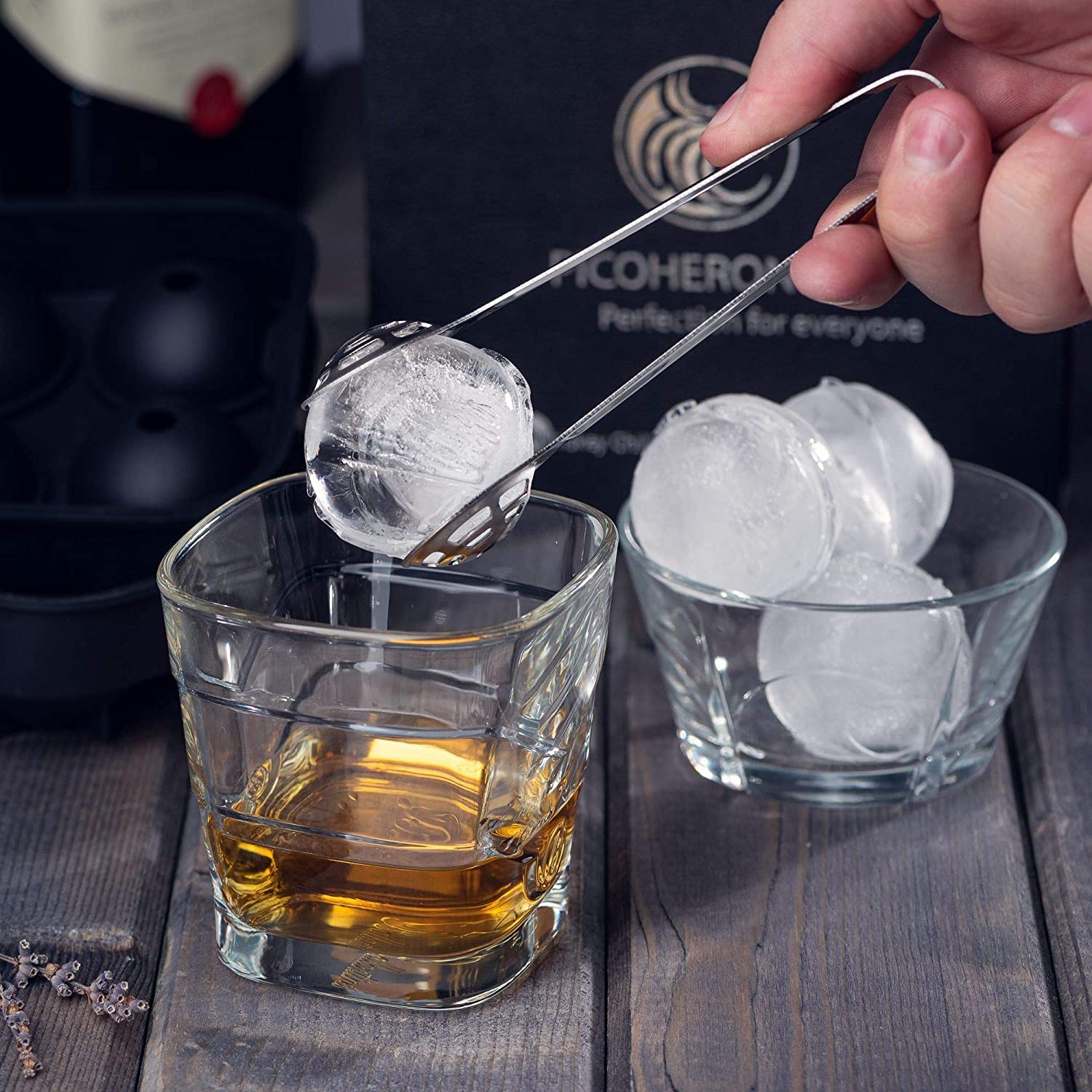 Whiskey Ball Whiskey Glass, Slate Coaster ice Ball Maker Mold Wood Box 