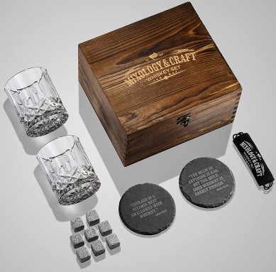 10 oz Whiskey Glasses 8 Granite Chilling Rocks Slate Coasters Metal Tong  in Rustic Wooden Crate