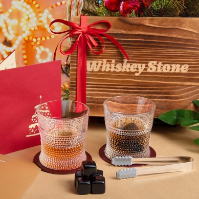 Whiskey Stones Whiskey Glass Gift Boxed Sets Basalt Chilling Whisky Rocks with 2 Glasses Whiskey Lovers Gifts for Men