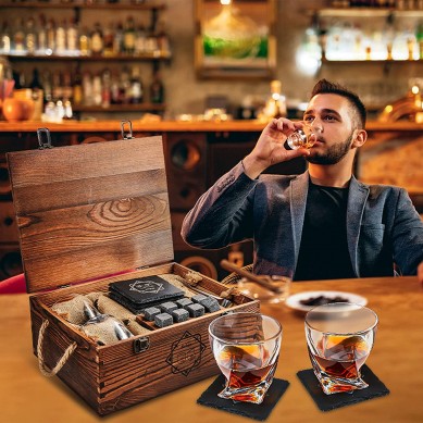 2 Whiskey Glasses, 8 Whiskey Stones and 2 Slate Coasters in Wooden Box Whiskey Gift Sets for Men,