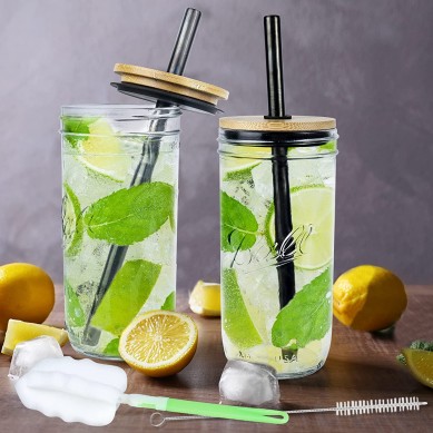 Jar Cups with Lids and Straws Set Wide Mouth Smoothie Cups Drinking Glasses Tumbler with Lids