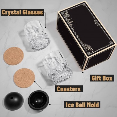 Whiskey Rocks Glass Crystal Bourbon Glasses Round Big Ice Ball Molds Old Fashioned Glasses for Scotch Cocktail Unique Gifts for Men