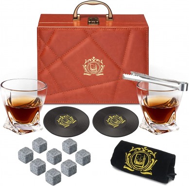 Amazon top seller Whiskey Stone Gift Set  Whiskey Glass in Leather Box Set