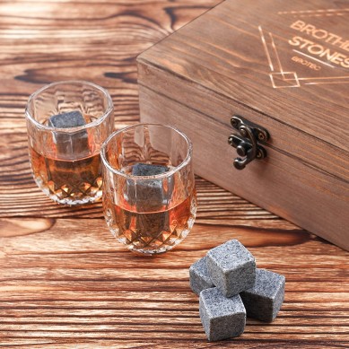 Viski Taşları ve Bardak Seti Granit Viski Kayaları Ahşap Kutuda Kristal Shot Bardakları