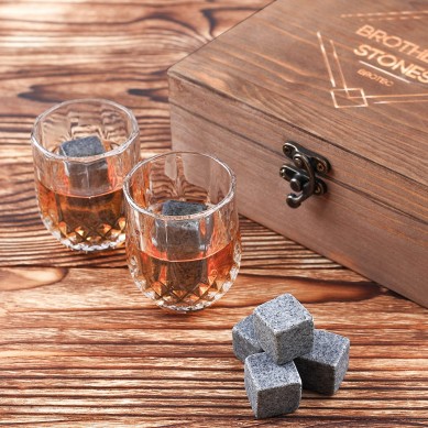 Whiskey Stones and Glass Set Granite Whisky Rocks Crystal Shot Glasses in Wooden Box