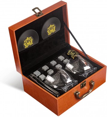 Amazon topferkeaper Whisky Stone Gift Set Whisky Glass yn Leather Box Set