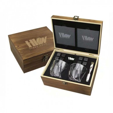 Customized Pine Wood Box Wine Whisky Stone Gift Set Drink Ice Cube Rocks with Crystal Shot Glasses and Slate Glossy Coasters