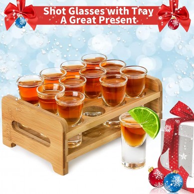 1 oz Shot Glasses  in Bamboo Wooden Shot Tray Heavy Base Shot Glasses for Whiskey