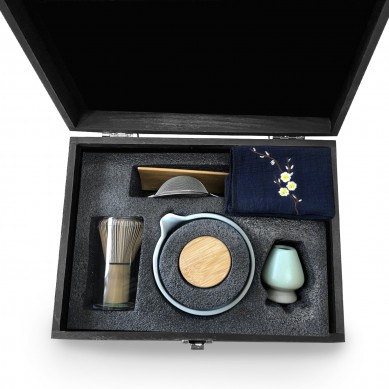 Shunstone Custom Business Corporate Gift Set 9pcs Complete Glass Embossed Matcha Whisk Set in Modern Black Wooden Gift Bo