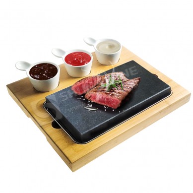 professional factory for Engraved Whiskey Stones -
 OEM steak stone set Hot Stone Grill Food Serving Platter Set Wood Tray for Cooking  – Shunstone