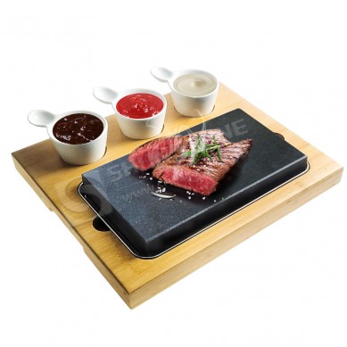 OEM steak stone set Hot Stone Grill Food Serving Platter Set Wood Tray for Cooking