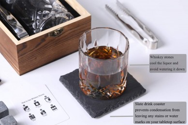 4 Chilling Whiskey Stones Crystal Whiskey Rock Glass Slate Coasters for Whiskey wine