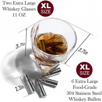 Whiskey Bullet Stones Premium Gift Set Large Twisted Whiskey Glasses In Novelty Wooden Box