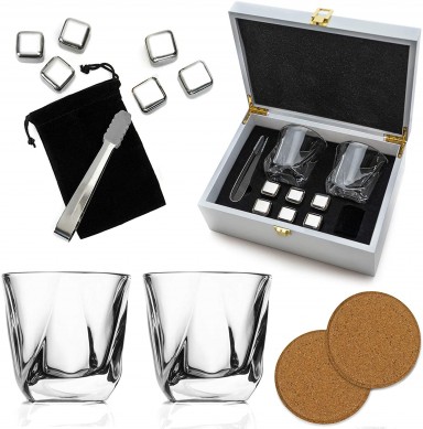 Whiskey Rocks Chilling Stones Twisted Whisky Glasses for Scotch Wooden Box