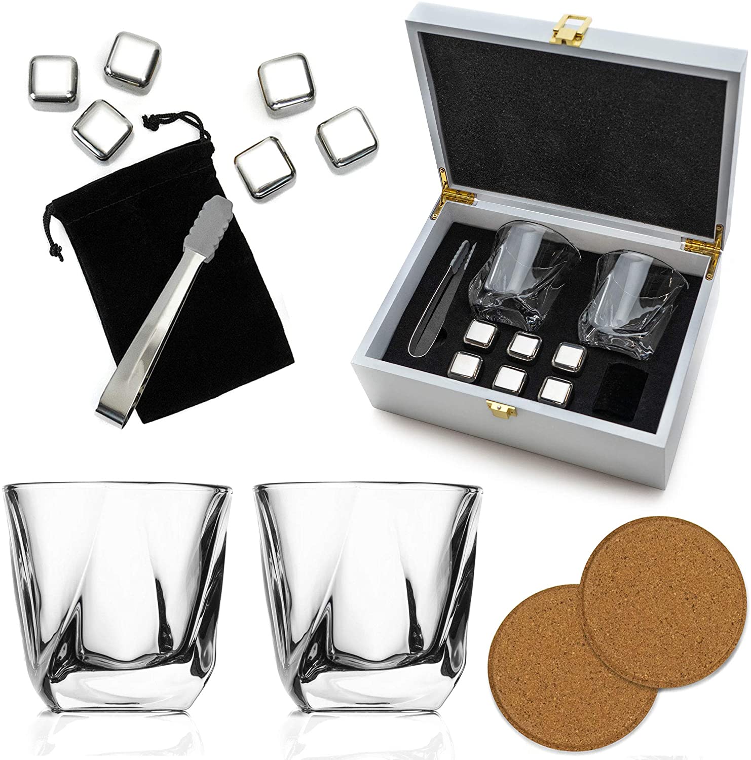 Chinese Professional Glass Whiskey Decanter - Whiskey Rocks Chilling Stones Twisted Whisky Glasses for Scotch Wooden Box  – Shunstone