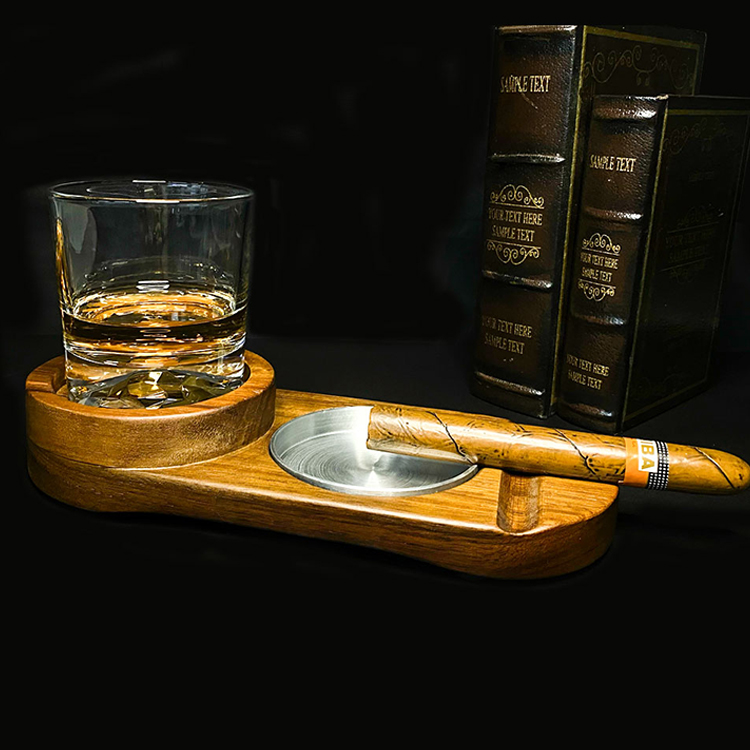 High Quality Luxury Cigar Wood Tray Heavy Base Lead Free Glassware Whiskey Crystal Cigar Holder Cups Whiskey Gift For Men