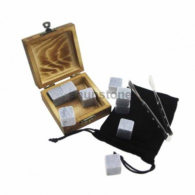 Hot selling soapstone whiskey stones Black velvet bags burning wooden boxes gift Set for drinking