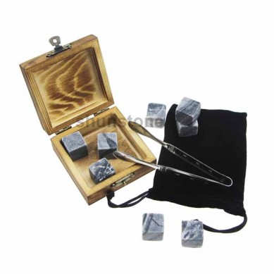 amazon top seller 6pcs of whiskey stone black velvet bag in wooden gift box