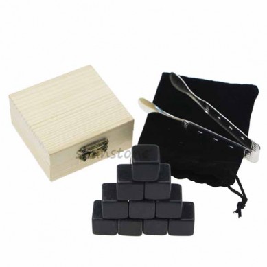 9 pcs of Natural Granite Reusable Ice Cold Chilling Stones Stored whiskey stone Wooden Gift Box