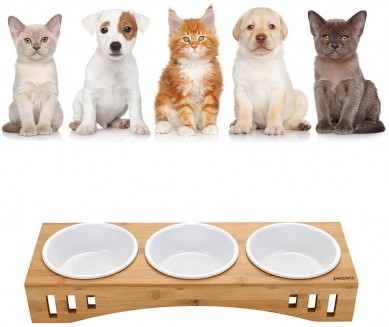 អំណោយសត្វចិញ្ចឹមដ៏ល្អឥតខ្ចោះ Pet Bowls ឬស្សី Stand Feeder with 3 Melamine Bowls