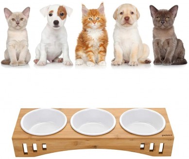 Perfect pet gift Pet Bowls bamboo Stand Feeder with 3 Melamine Bowls