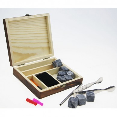 Customized eco-friendly ceramic 9 pcs of Antiquity Wood Grain whiskey ice cube stones with stainless steel straw and tong
