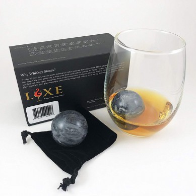 Whiskey Stones Set of 2 Marble Chilling Spheres in Gift Box with Velvet Storage Bag