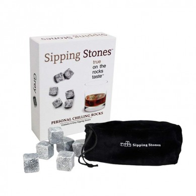 Sipping Stones Whisky Rocks Sett med 6 grå Whisky Chilling Rocks i gaveeske med pose
