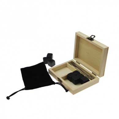 9 pcs of Black Polished Whiskey Stones Wine Gift Set with Tong and Bag from Shunstone China