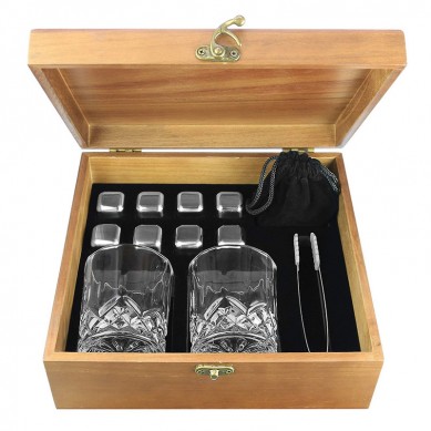 Whiskey Stones Gift Set 8 Stainless Steel Chilling Rocks Ice Cubes Includes 2 Whiskey Glasses